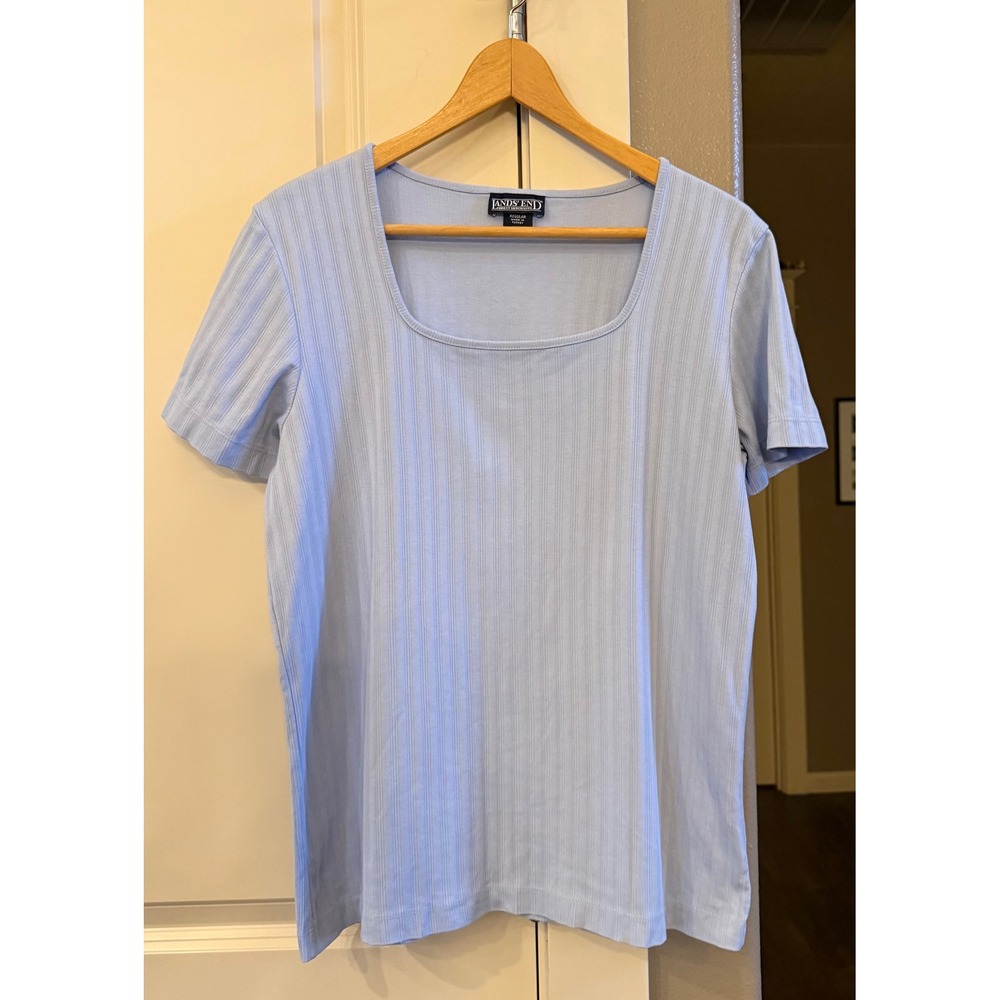 Lands' End Women's Light Blue Ribbed Square Neck Short Sleeve Shirt Size L/14-16 - Picture 6 of 6